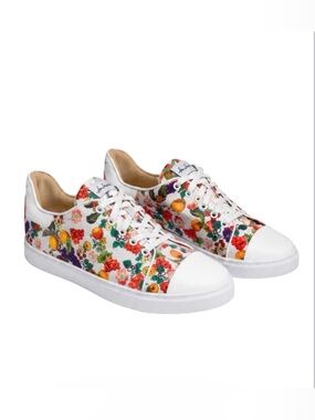 NWT $315 Isa Tapia Caelan Leather & Woven Canvas White Fruit Print Sneakers 8 US
